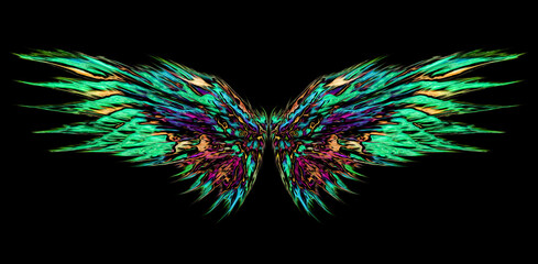 Abstract angel wings for sticker or blanket design. Beautiful, magical, abstract, psychedelic, glowing, green wings.  