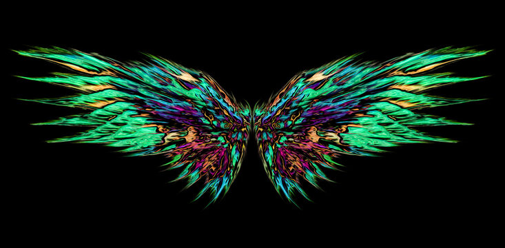 Abstract angel wings for sticker or blanket design. Beautiful, magical, abstract, psychedelic, glowing, green wings.  