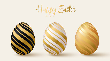 Easter eggs set. Black, white and gold 3d design elements with gold pattern.