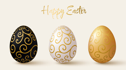 Easter eggs set. Black, white and gold 3d design elements with gold pattern.