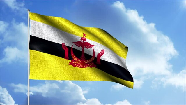 Brunei flag waving in the wind with cloudy background animation. Motion. Colorful realistic waving flag, seamless loop.