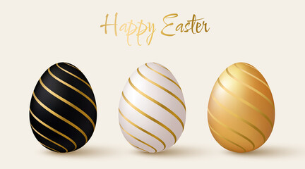 Easter eggs set. Black, white and gold 3d design elements with gold pattern.