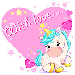 Vector illustration of a cute unicorn on a background of pink hearts of multicolored stars and hearts with the inscription with love, can be used in print, polygraphy background as a postcard, banner,