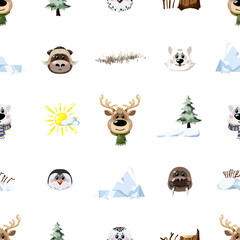 Vector seamless pattern with cute arctic animals personages