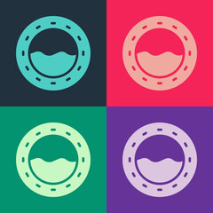 Pop art Ship porthole with rivets and seascape outside icon isolated on color background. Vector