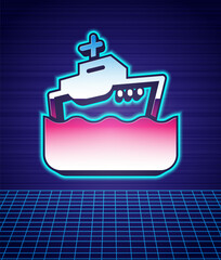 Retro style Cruise ship icon isolated futuristic landscape background. Travel tourism nautical transport. Voyage passenger ship, cruise liner. Worldwide cruise. 80s fashion party. Vector