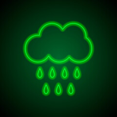 Cloud rain, drops simple icon vector. Flat desing. Green neon on black background with green light.ai