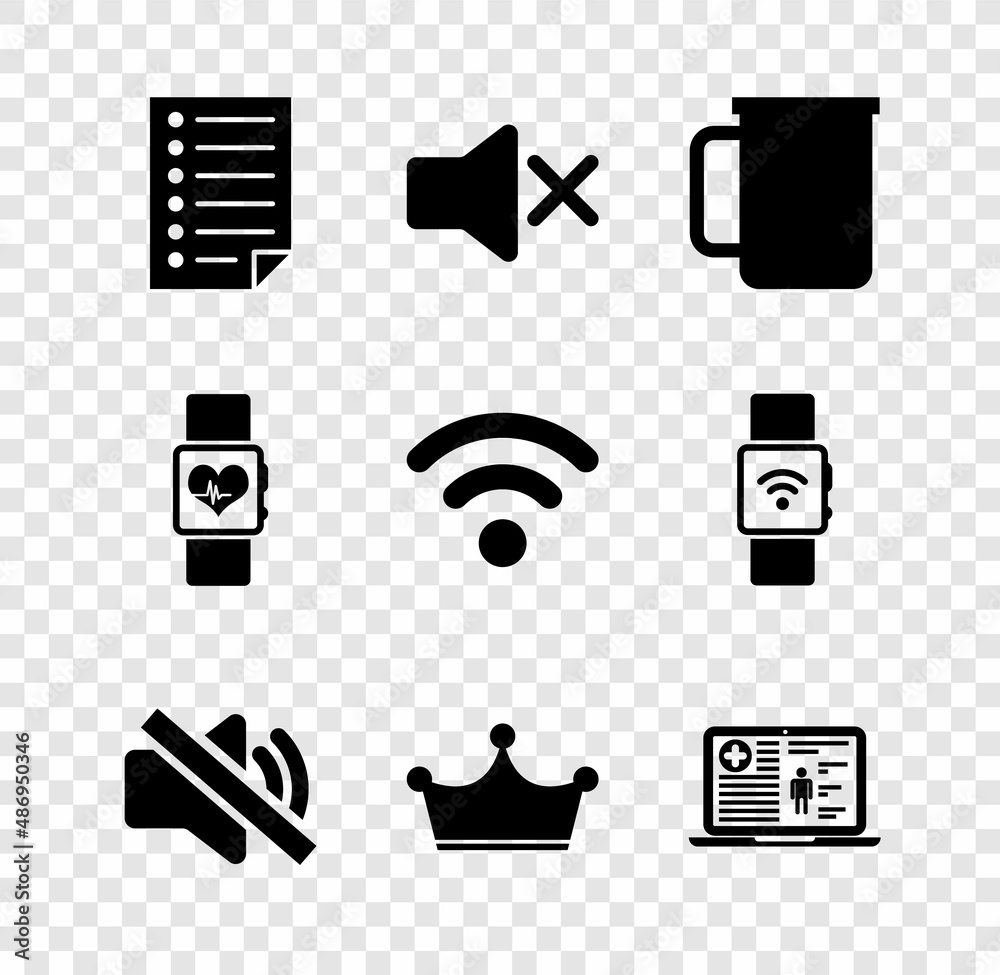 Sticker set document, speaker mute, coffee cup, , crown and medical clinical record icon. vector