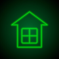 House simple icon. Flat desing. Green neon on black background with green light.ai