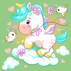 Vector illustration of a cute unicorn soars on the clouds in the sky on a gentle background of hearts surrounded by small birds giving flowers and happiness can be used as an isolate, in print, polygr