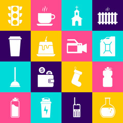 Naklejka premium Set Test tube and flask, Sport bottle with water, Canister for gasoline, Church building, Pudding custard and Coffee cup icon. Vector