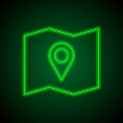 Fototapeta na wymiar Map simple icon vector. Flat desing. Green neon on black background with green light.ai