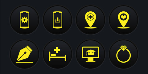 Set Fountain pen nib, Map pointer with heart, Hospital bed, Monitor graduation cap, Medical location cross and Smartphone download icon. Vector