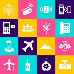 Set Car DVR, Hourglass and gear, Telephone, Voice assistant, Project team base and Pos terminal icon. Vector