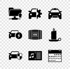 Set FTP folder upload, Car service, Police car and flasher, protection or insurance, Music book with note and Calendar icon. Vector