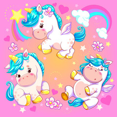 Vector illustration a set of cute different unicorns in the same style on a magic background with rainbows, stars, sparks, flowers, hearts, clouds can be used as isolates, in print, polygraphy backgro