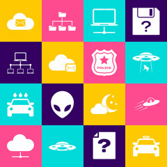 Set Taxi car, UFO flying spaceship and alien, abducts cow, Computer network, Cloud mail server and icon. Vector