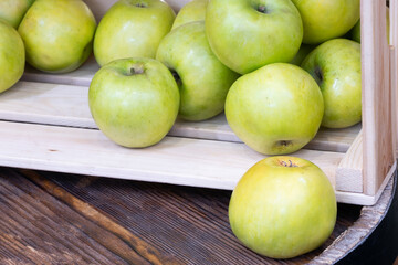 Apples In Wooden Crate, Ripe red apples in wooden box, harvest agriculture concept