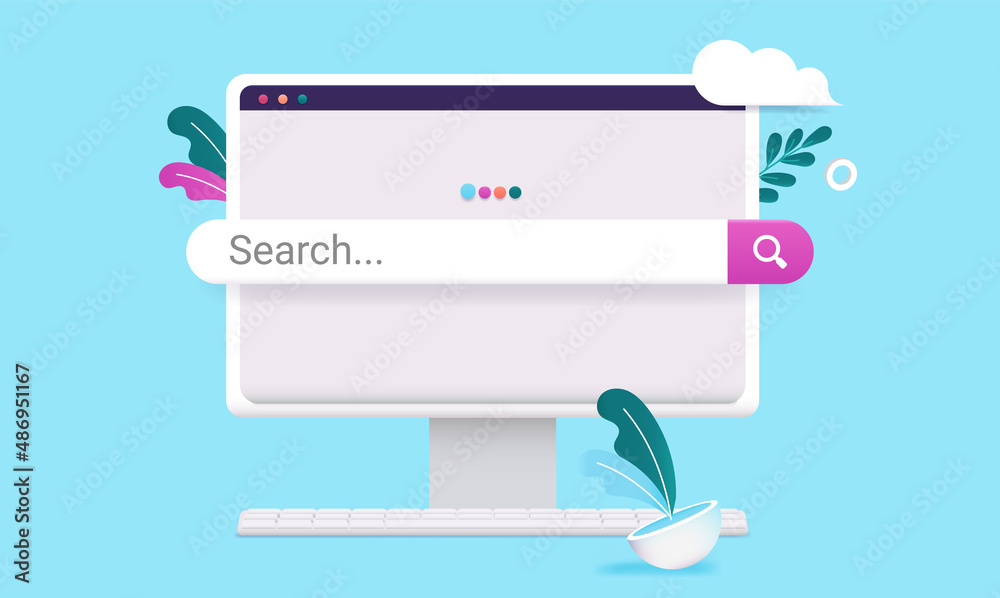 Aufkleber Computer screen with search bar - Vector illustration of desktop with search engine and decorative elements. Flat design on blue background