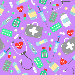 Seamless pattern with medical items with violet background