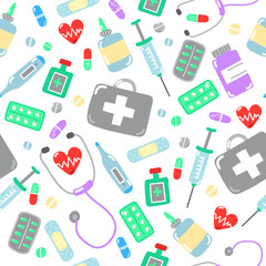 Seamless vector pattern with medical items with transparent background