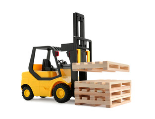 Toy forklift truck with wooden pallets on white background