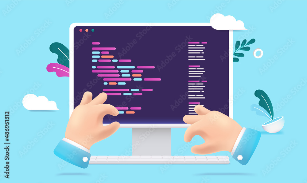 Leinwandbilder Programming cartoon vector illustration - Desktop computer screen with code language and hands working on keyboard.