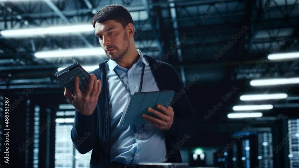Aufkleber Successful Data Center IT Specialist Using Tablet Computer. Server Farm Cloud Computing Facility with System Administrator Working. Data Protection Engineering Network for Cyber Security.