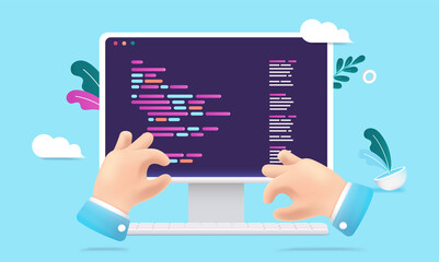 Programming cartoon vector illustration - Desktop computer screen with code language and hands working on keyboard.