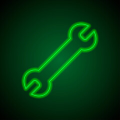 Wrench simple icon vector. Flat desing. Green neon on black background with green light.ai