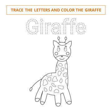 Trace the letters and color the giraffe.Game for kids.