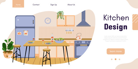 Kitchen interior design vector banner. Dining room decoration. Modern interior design service. Home renovation studio. Ad template for designing interiors online service