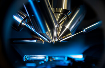 Time of flight mass spectrometer in closeup shot with blue light - obrazy, fototapety, plakaty