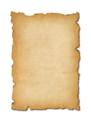 Old mediaeval paper sheet. Parchment scroll isolated on white with shadow