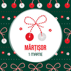 Martisor celebration greeting card, vector illustration with cute cartoon style martisor talismans, gifts and seamless pattern. Traditional spring holiday in Romania and Moldova. March 1.