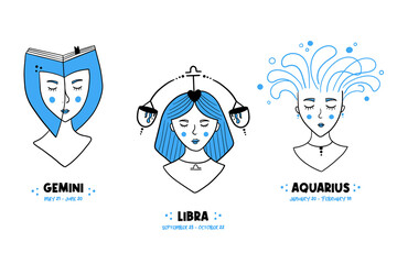 Set, collection of zodiac air signs conceptual girls characters for astrology, horoscopes designs. Gemini, Libra, Aquarius zodiac signs.