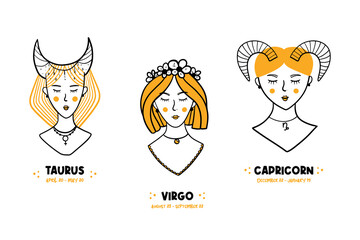 Set, collection of zodiac earth signs conceptual girls characters for astrology, horoscopes designs. Taurus, Virgo, Capricorn zodiac signs.
