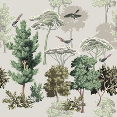 Fototapety  Park vintage botanical landscape, bird, trees, bush floral seamless pattern grey background. Forest mural.