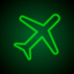 Aircraft simple icon vector. Flat desing. Green neon on black background with green light