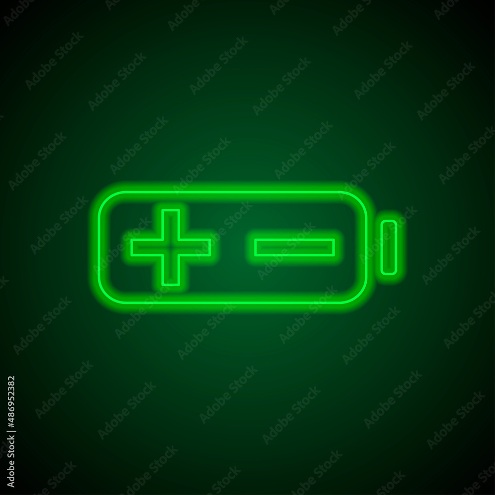 Wall mural battery, plus minus simple icon. flat desing. green neon on black background with green light