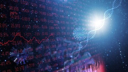 Abstract business finance infographics recession crisis with corona virus and DNA strand with glowing light animation background. - Powered by Adobe