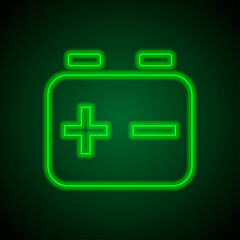 Battery accumulator simple icon. Flat desing. Green neon on black background with green light