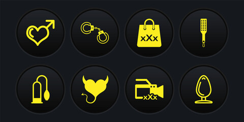 Set Penis pump, Spanking paddle, Devil heart with horns, Video camera Sex, Shopping bag triple X, Sexy fluffy handcuffs, Anal plug and Male gender icon. Vector