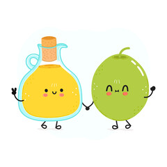 Cute happy olives and olive oil card. Vector hand drawn doodle style cartoon character illustration icon design. Cute happy olives and olive oil friends concept card