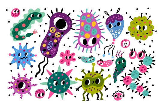 Cute bacteria characters. Funny cartoon germs, color viruses and microbes, different shapes, harmful and useful parasitic organisms. Biology and chemistry sciences vector isolated set