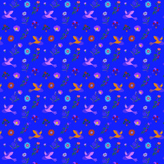 A pattern of colored stylized flowers and fabulous birds