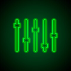 Equalizer slider simple icon. Flat desing. Green neon on black background with green light