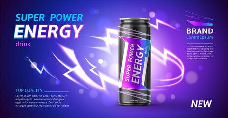 Energy drink banner. 3D realistic aluminium can with super power beverage. Shining lightning. Dark backdrop with light flashes. Package design for branding. Vector advertising poster - obrazy, fototapety, plakaty
