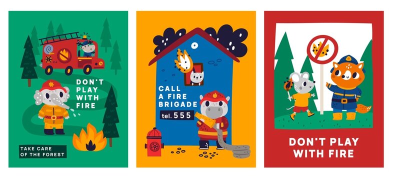 Firefighters cards. Kids warning posters, cute animals in fire uniform, forest conservation, red truck with funny moose driver, bonfire in forest, safety regulations, vector set