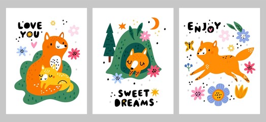 Funny fox cards. Nordic kids style animals. Cartoon forest wildlife characters. Childish posters with motivational text. Furry vixens dream or play in meadow. Vector woodland predator set